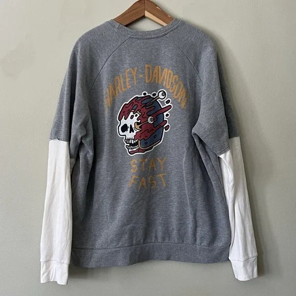 Harley Davidson Ribbed Knit Long Sleeved T-shirt Slim XL Stay Fast Biker Skull - Picture 5 of 6